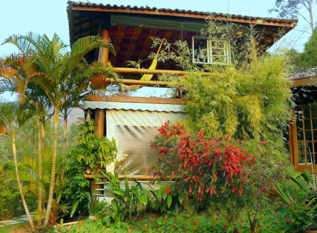 Casa de madeira cercada por palmeiras e flores vermelhas